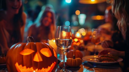 Halloween party with carved pumpkins and wine glasses. Festive table. Celebration, autumn atmosphere, social gathering, spooky decorations, feast, Halloween dinner concept