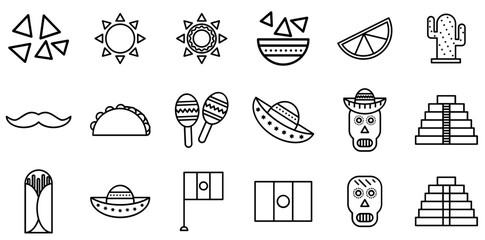 Set Of Linear Mexican Icons Web Header Banner Design Containing Inca,Americas,Mexico,Hat,Sun Vector Icon Set Linear Pictogram Pack