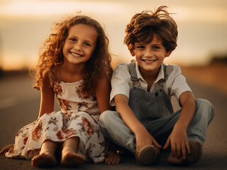 Brother and sister sit together on the road, embracing the bond of forever