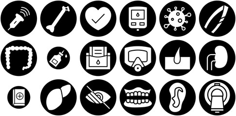 A Collection Of Medical And Health Blackfill Minusfront Icons Collection Isolated Silhouette Solid Icons Including Organ,Surgery,Anatomy,Cardiology,Medicine Vector Icon Set Linear Pictogram Pack