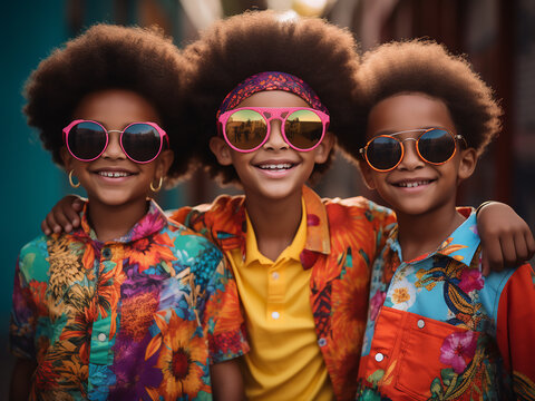 Three cheerful Afro kids in vibrant attire pose joyfully