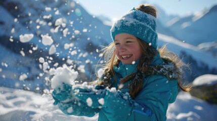 A young girl is playing in the snow, wearing a blue coat and a blue hat. She is smiling and throwing snowballs