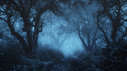 Mystical forest with foggy path. Concept of nature, atmosphere, mystery, Halloween night, and...
