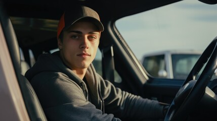 A young man is driving a car with a hat on. He is smiling and looking at the camera