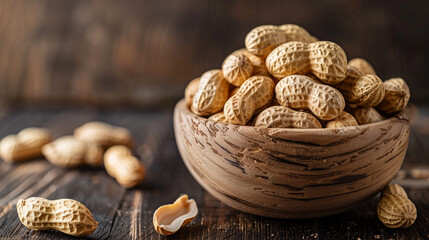 Wooden bowl filled with peanuts on rustic wooden table