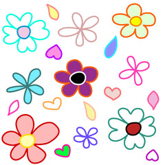 Cartoon line drawings of blooming flowers, colorful decorations, can be used in many ways.