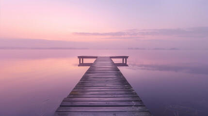 Fototapeta premium Peaceful wooden pier extending into tranquil misty lake at dawn