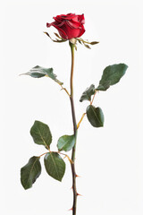 Obraz premium Single red rose with green leaves and thorns on a white background. Symbol of love, beauty, and passion. Perfect for romantic themes.