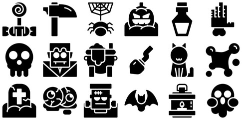 A Collection Of Halloween Glyph Icons Silhouette Vector Logo Design Containing Horror,Witch,Spooky,Scary,Halloween Stroke Icon Collection. Vector Illustration