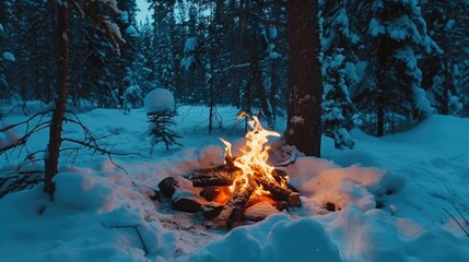 A fire is burning in a snow covered forest. The fire is surrounded by logs and the snow is piled up around it. The scene is peaceful and serene