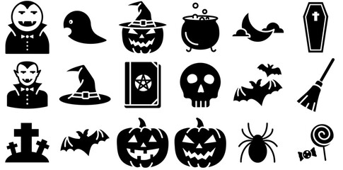 Mega Set Of Vector Halloween Glyph Icons Silhouette Vector Logo Design Containing Vampire,Bat,Halloween,Pumpkin,Monster Vector Icons Illustration Collection