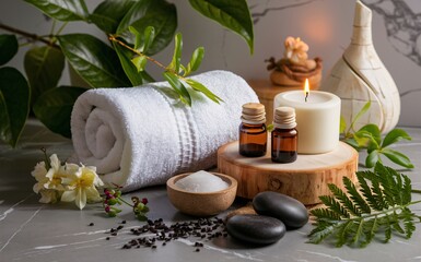 A serene spa still life with candles, flowers, and stones for relaxation and wellness