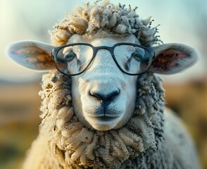 Naklejka premium Sheep with glasses. Close-up portrait of a sheep. An anthopomorphic creature. A fictional character for advertising and marketing. Humorous character for graphic design.