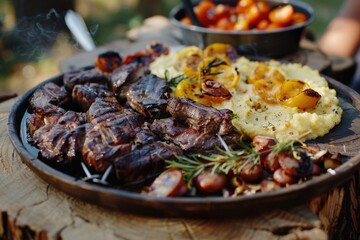 A plate of food with meat and potatoes on a wooden table. Scene is warm and inviting, as the food looks delicious and ready to be eaten