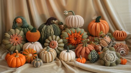 Artistic Display of Crochet Pumpkins in Various Sizes and Colors on Soft Beige Cloth
