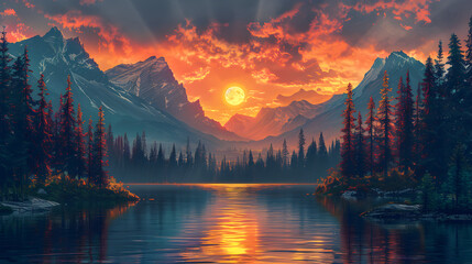 sunset in the mountains, Painting of a mountain scene with a lake and a crescent generative ai