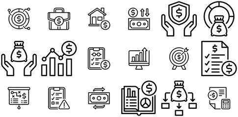 A Collection Of Financial Management And Investment Outline Icons Web Header Banner Design Containing Growth,Financial,Management,Investment,Business Set Vector Flat Line Icons