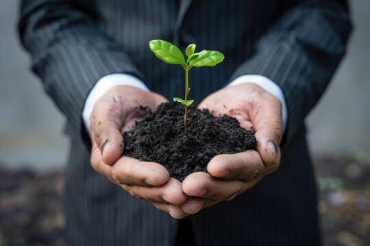 A man is holding a small plant in his hands. The plant is in a pot and is surrounded by dirt. The man is wearing a suit and tie, which gives the image a professional and formal feel