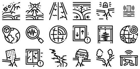 Set Of Linear Earthquake Disaster Icons Collection Isolated Silhouette Solid Icons Including Glass,Falling,Earthquake,Out,Window Vector Icons Illustration Collection