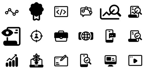 Set Of Digital Marketing Analytic Black Ver Icons Web Header Banner Design Containing Vision,Message,Document,Graph,Device Solid Icon Collection. Vector Illustration