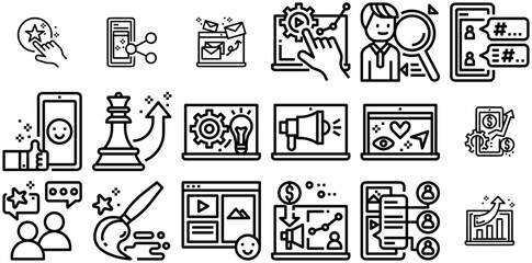 Set Of Linear Digital Marketing Isolated Silhouette Solid Icons With User,Marketing,Website,Advertising,Engagement Business Infographic Elements Logo Vector Illustration