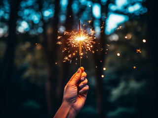 Amidst bursts of color, a hand clutches a radiant sparkler, adding to the spectacle