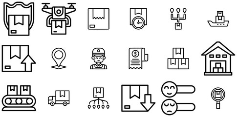 Set Of Linear Delivery Isolated Silhouette Solid Icons With Logistics,Courier,Package,Ecommerce,Delivery Pictograms And Infographics Design Elements Vector Illustration