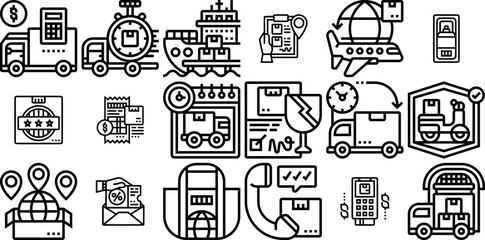 Set Of Delivery Line Icons Silhouette Vector Logo Design Containing Price,Payment,Delivery,Schedule,Shipping Stroke Icon Collection. Vector Illustration