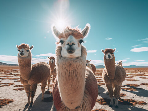 In the vast expanse of South America's salt flats, lamas roam freely, a surreal sight to behold