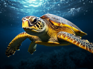 Obraz premium Submerged beneath the waves, a yellow-cheeked turtle glides gracefully in its aquatic realm