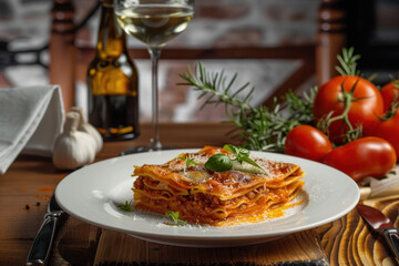 Plate of Lasagna with Tomatoes and Wine