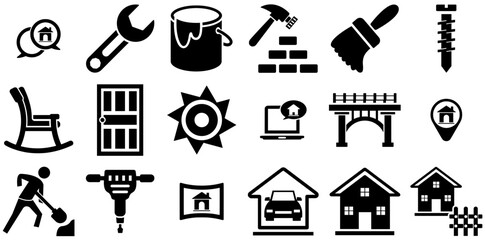 Mega Set Of Vector Construction Set Icons Silhouette Vector Logo Design Containing Tool,Furniture,Construction,House,Equipment Stroke Icon Collection. Vector Illustration