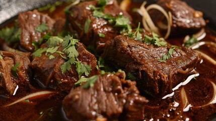 A plate of meat with a sauce and green herbs. The meat is brown and the sauce is brown as well