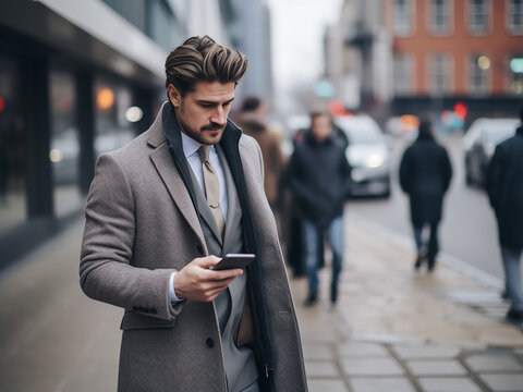 City backdrop young man in gray coat, focused on mobile, epitomizes urban hustle