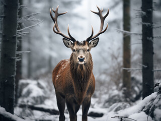 Amidst winter's embrace, a deer stands proud, antlers adorned