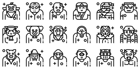 Mega Set Of Vector Character Isolated Silhouette Solid Icons With Party,Costume,Halloween,Scary,Spooky Stroke Icon Collection. Vector Illustration