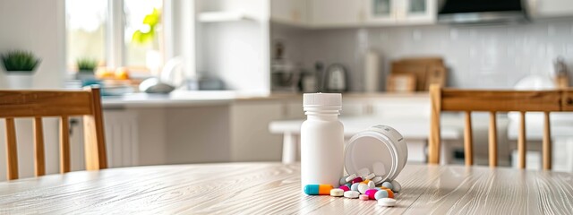 White Supplement Bottle With Multicolored Pills On Wooden Kitchen Table
