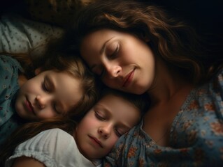 A mother is laying down with her three children, two of whom are sleeping. The mother is smiling and he is very happy