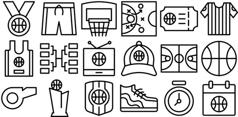 A Collection Of Basketball Outline Isolated Silhouette Solid Icons With Hoop,Basketball,Referee,Sport,Shirt Vector Icons Illustration Collection