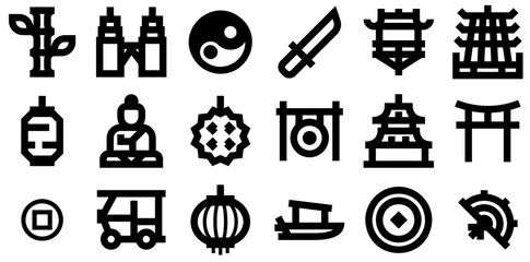 Set Of Linear Asia Icons Collection Isolated Silhouette Solid Icons Including Japanese,Light,Asian,Building,Oriental Stroke Icon Collection. Vector Illustration