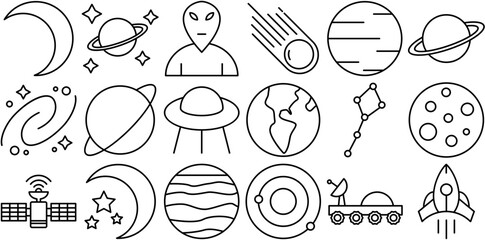 A Collection Of Astronomy 2Px Line Icon Icons Web Header Banner Design Containing Planet,Saturn,Moon,Ufo,Aliens Vector Icon Set Linear Pictogram Pack