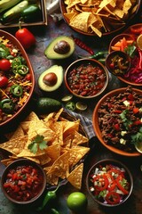 A table full of Mexican food including chips, salsa, guacamole, and meat. The table is set for a...