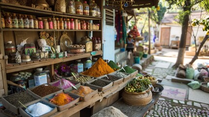 A charming village market with stalls offering Ayurvedic ingredients, remedies, and traditional...