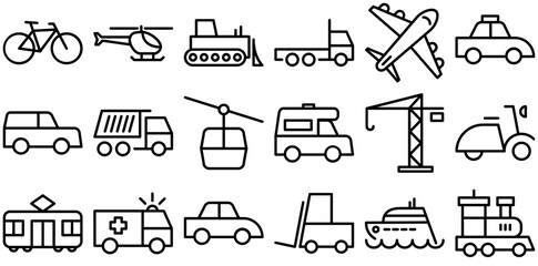 A Collection Of Vehicle Line Icons Isolated Silhouette Solid Icons With Transportation,Vehicle,Automobile,Public-Transportation,Travel Vector Icon Set Linear Pictogram Pack