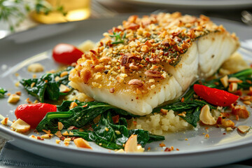 Herb-Crusted Halibut with Spinach and Cherry Tomatoes