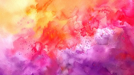 Fototapeta premium Vibrant watercolor abstract with orange, red, and purple hues. Artistic splash background. Concept of creativity, fluid art, colorful design. Banner. Copy space