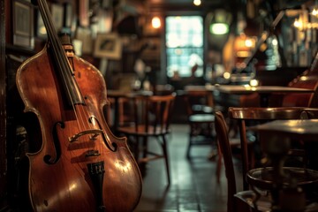 Classical Cello Awaiting Performance In The Warm Ambiance Of A Jazz Bar. Generative AI