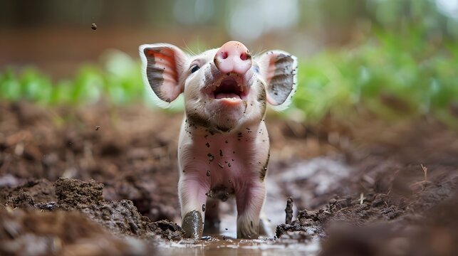 Joyful Piglet Embracing Life in a Sunlit Farm Mudbath