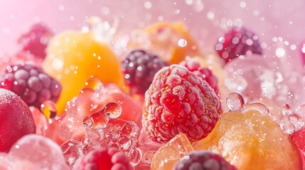 Ice cream frozen fruits close up, focus on, copy space, bright hues, Double exposure silhouette with frozen dessert