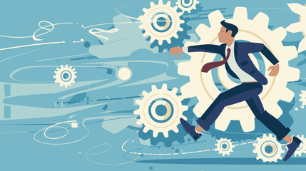  Ambitious manager running at full speed to rotate cogwheel gears, symbolizing maximum productivity and business motivation. Corporate environment, efficiency in action.